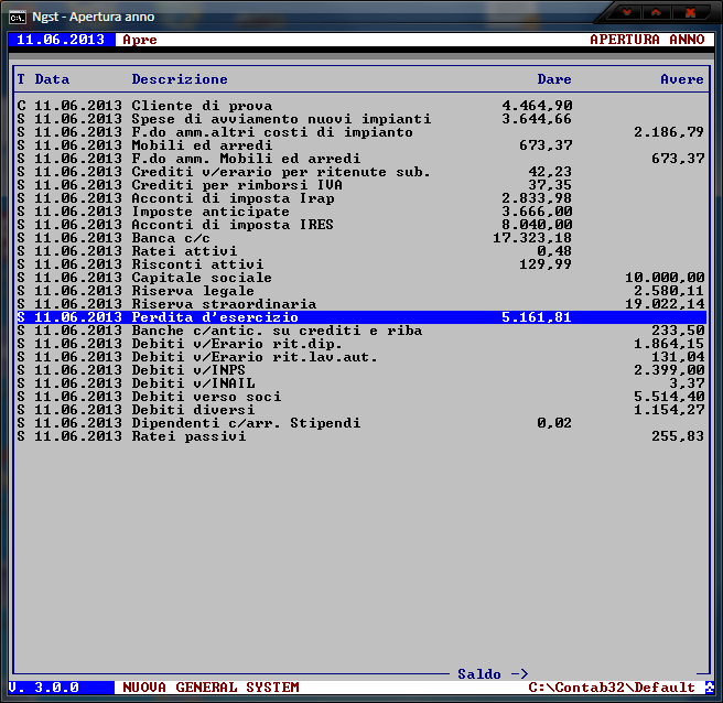 Apertura Anno – Visualizzazione movimenti di prova