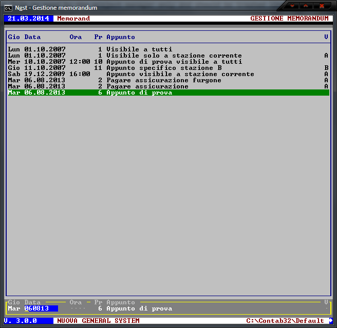 Gestione memorandum – Inserimento dati