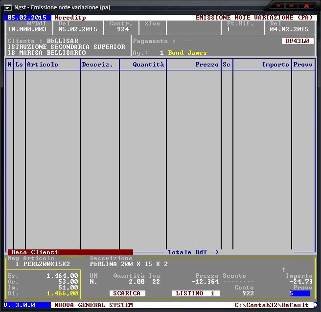 Emissione Note Variazione (PA) – Immissione righe
