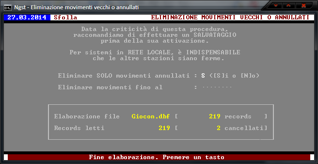Eliminazione movimenti vecchi o annullati – Termine operazione singolo file