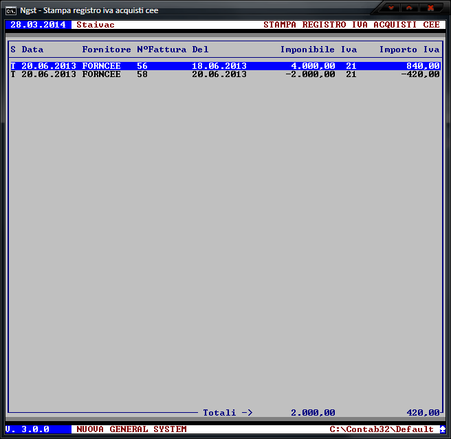 Stampa Registro IVA Acquisti CEE - Visualizzazione Registro IVA Acquisti CEE