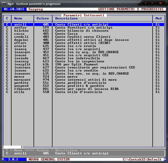 Parametri Sottoconti